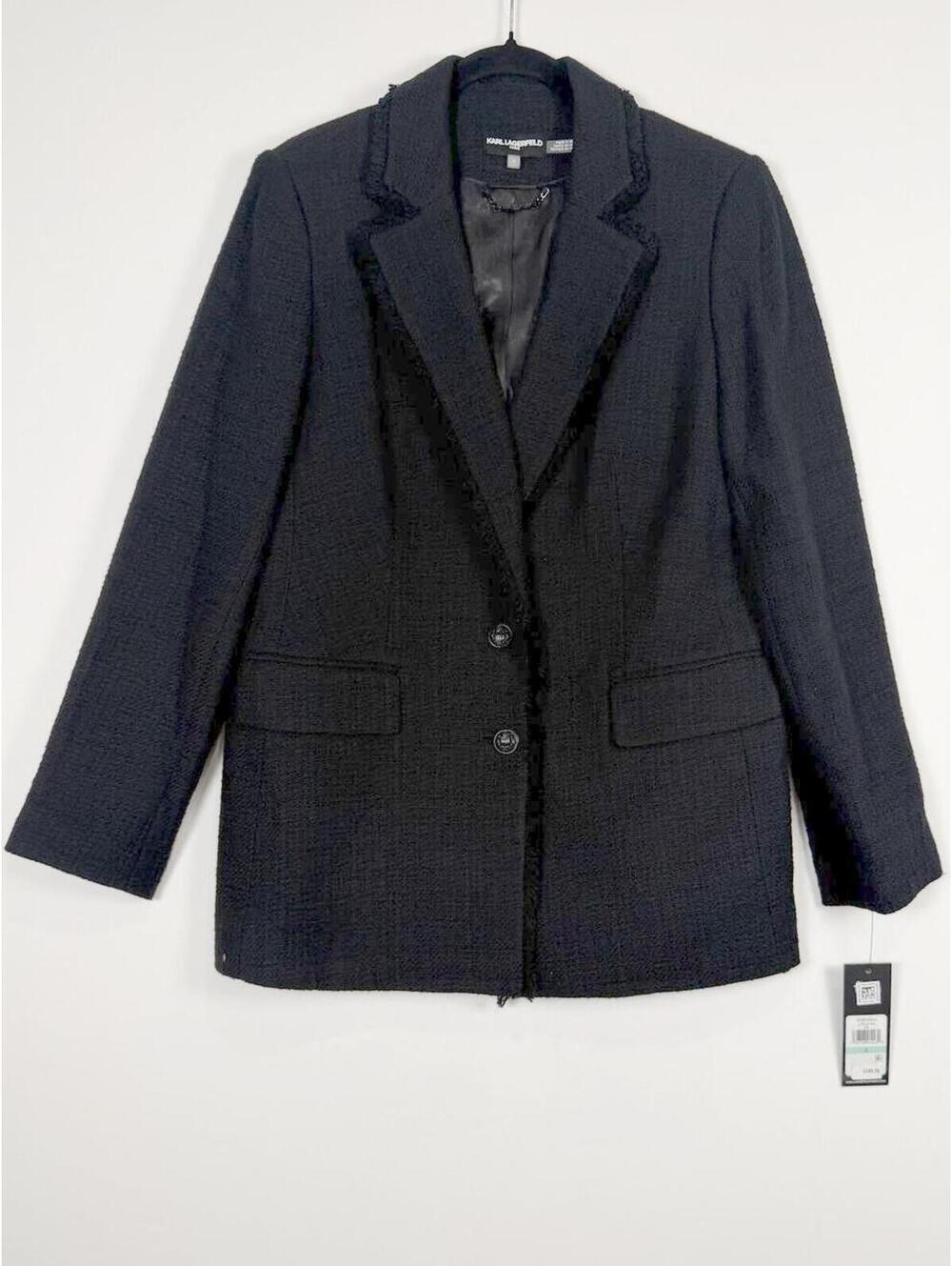 New! Karl Lagerfeld Women's Essential Tweed Fringe-Trim Blazer Size 8
